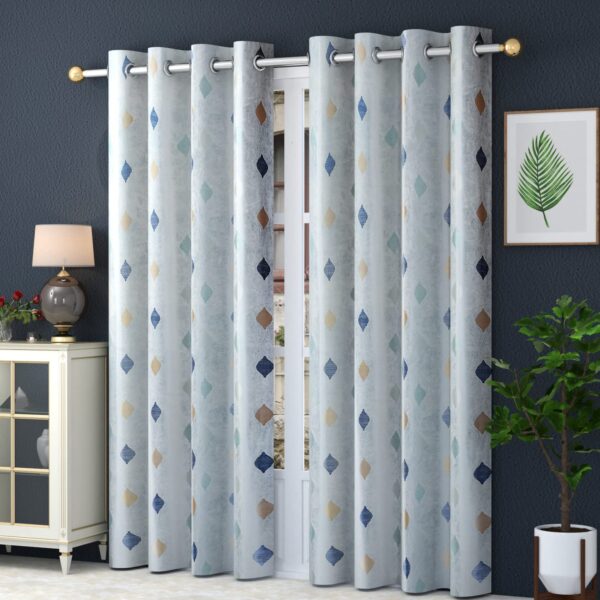 STAR DECOR Beautiful Diamond Patten Printed Eyelet Curtain - 8 feet Door, Blue [4 Piece]