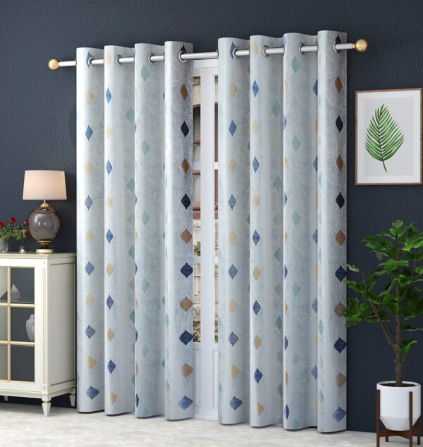 STAR DECOR Beautiful Diamond Patten Printed Eyelet Curtain - 8 feet Door, Blue [4 Piece]